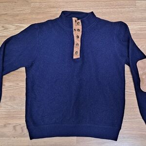 Orvis Vintage Merino Wool T Snap Sweater Med Leather Elbow Patch Pullover Blue